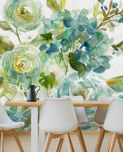 blaues und grünes individuelles Blumentapetenwandbild namens Cool Watercolor Floral von Carol Robinson für Wohnzimmer
