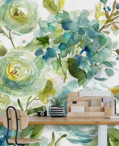 blue and green custom floral wallpaper mural called Cool Watercolor Floral by Carol Robinson for living rooms