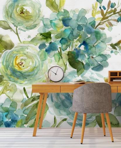 carta da parati floreale personalizzata blu e verde chiamata Cool Watercolor Floral di Carol Robinson per salotti