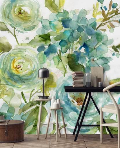 sininen ja vihreä mukautettu kukka-taustakuvamaalaus nimeltä Cool Watercolor Floral, kirjoittanut Carol Robinson olohuoneisiin