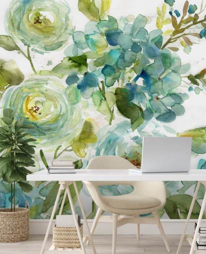 sininen ja vihreä mukautettu kukka-taustakuvamaalaus nimeltä Cool Watercolor Floral, kirjoittanut Carol Robinson olohuoneisiin sininen ja vihreä mukautettu kukka-taustakuvamaalaus nimeltä Cool Watercolor Floral, kirjoittanut Carol Robinson olohuoneisiin
