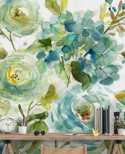 blue and green custom floral wallpaper mural called Cool Watercolor Floral by Carol Robinson for living rooms