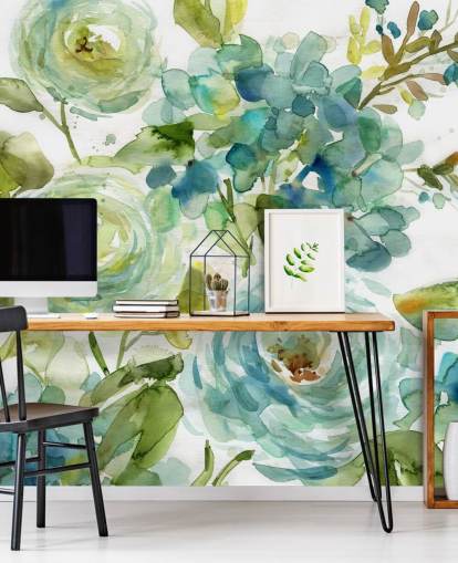 blå och grön anpassad blommig tapetväggmålning kallad Cool Watercolor Floral av Carol Robinson för vardagsrum blå och grön anpassad blommig tapetväggmålning kallad Cool Watercolor Floral av Carol Robinson för vardagsrum