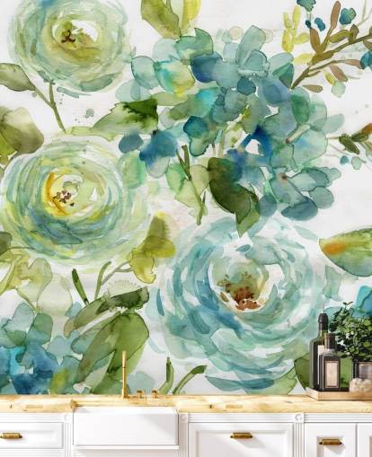 blått og grønt tilpasset blomstertapet veggmaleri kalt Cool Watercolor Floral av Carol Robinson for stuer blått og grønt tilpasset blomstertapet veggmaleri kalt Cool Watercolor Floral av Carol Robinson for stuer
