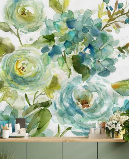 blått og grønt tilpasset blomstertapet veggmaleri kalt Cool Watercolor Floral av Carol Robinson for stuer