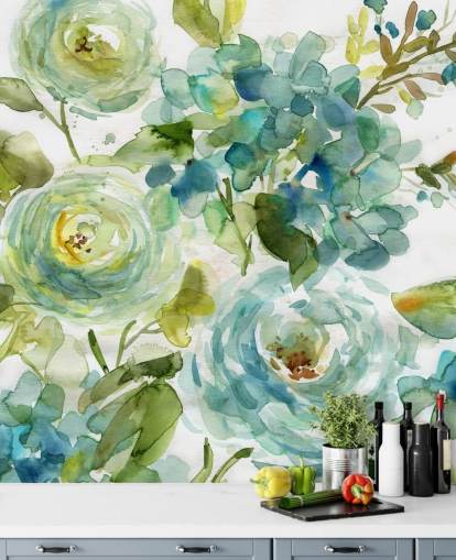 blått og grønt tilpasset blomstertapet veggmaleri kalt Cool Watercolor Floral av Carol Robinson for stuer