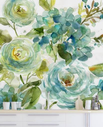 blauwe en groene op maat gemaakte bloemenbehangmuurschildering genaamd Cool Watercolor Floral van Carol Robinson voor woonkamers blauwe en groene op maat gemaakte bloemenbehangmuurschildering genaamd Cool Watercolor Floral van Carol Robinson voor woonkamers