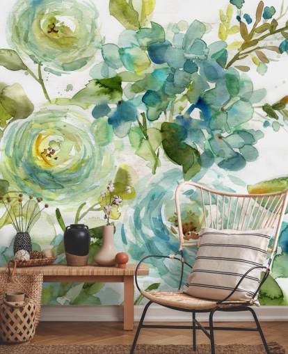 sininen ja vihreä mukautettu kukka-taustakuvamaalaus nimeltä Cool Watercolor Floral, kirjoittanut Carol Robinson olohuoneisiin