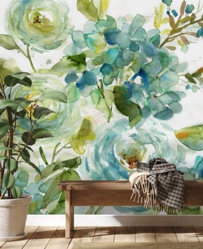 blå og grøn brugerdefineret blomstertapet vægmaleri kaldet Cool Watercolor Floral af Carol Robinson til stuer