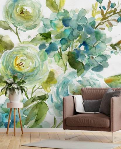 papier peint floral personnalisé bleu et vert appelé Cool Watercolor Floral par Carol Robinson pour les salons