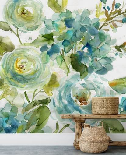 blue and green custom floral wallpaper mural called Cool Watercolor Floral by Carol Robinson for living rooms