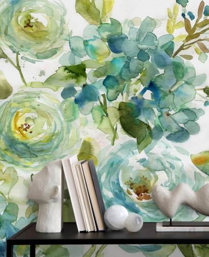 blue and green custom floral wallpaper mural called Cool Watercolor Floral by Carol Robinson for living rooms blue and green custom floral wallpaper mural called Cool Watercolor Floral by Carol Robinson for living rooms