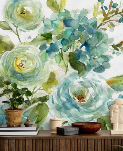 carta da parati floreale personalizzata blu e verde chiamata Cool Watercolor Floral di Carol Robinson per salotti