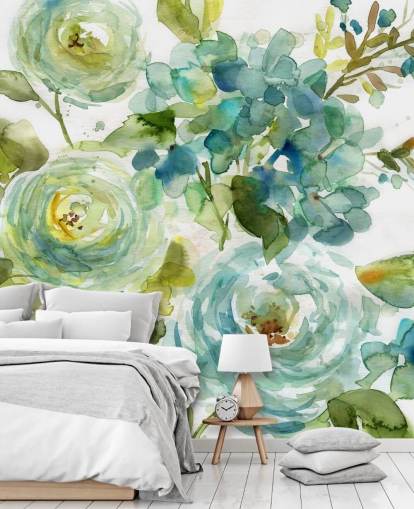 blue and green custom floral wallpaper mural called Cool Watercolor Floral by Carol Robinson for living rooms
