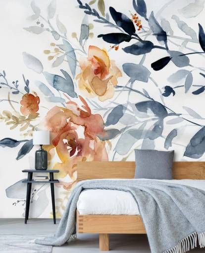 papier peint mural floral bleu et saumon appelé Flowering Branches de Carol Robinson pour chambres