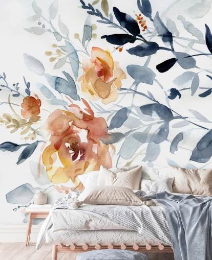 blå och laxblommig tapetväggmålning kallad Flowing Branches av Carol Robinson för sovrum