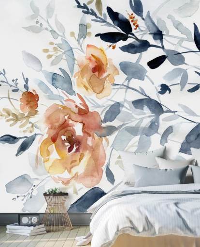 carta da parati murale floreale blu e salmone chiamata Flowering Branches di Carol Robinson per camere da letto