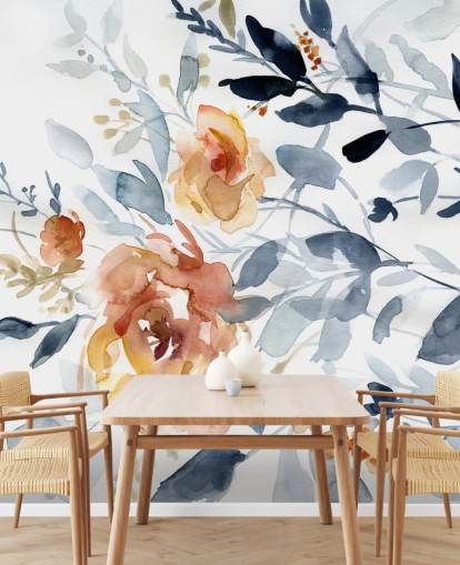 blauwe en zalmkleurige bloemenbehangmuurschildering genaamd Flowering Branches van Carol Robinson voor slaapkamers blauwe en zalmkleurige bloemenbehangmuurschildering genaamd Flowering Branches van Carol Robinson voor slaapkamers