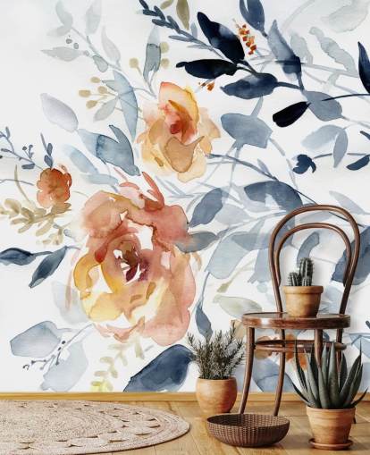 carta da parati murale floreale blu e salmone chiamata Flowering Branches di Carol Robinson per camere da letto