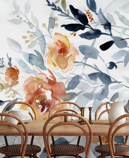 blue and salmon floral wallpaper mural called Flowering Branches by Carol Robinson for bedrooms
