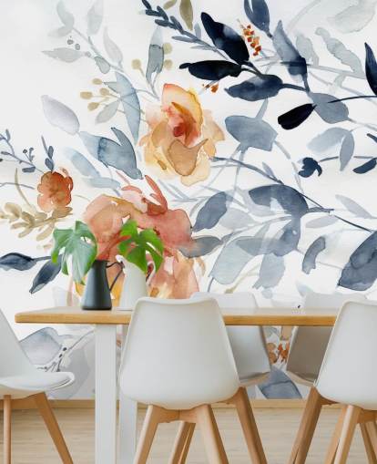 Blumentapete in Blau und Lachs namens Flowering Branches von Carol Robinson für Schlafzimmer