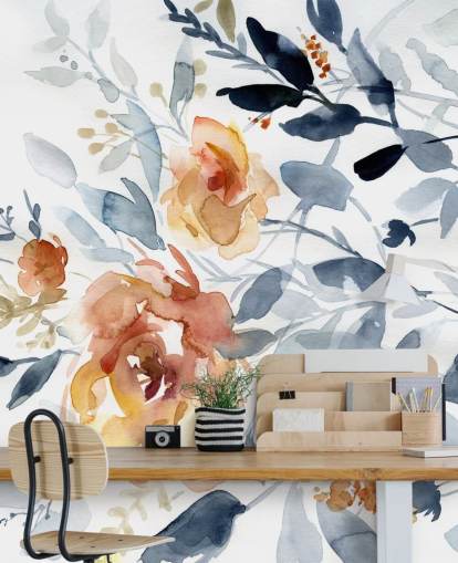 carta da parati murale floreale blu e salmone chiamata Flowering Branches di Carol Robinson per camere da letto carta da parati murale floreale blu e salmone chiamata Flowering Branches di Carol Robinson per camere da letto