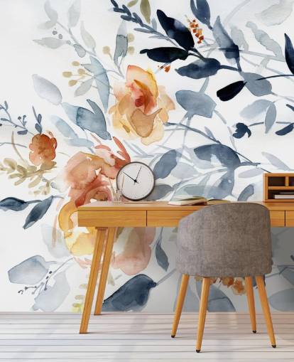 carta da parati murale floreale blu e salmone chiamata Flowering Branches di Carol Robinson per camere da letto