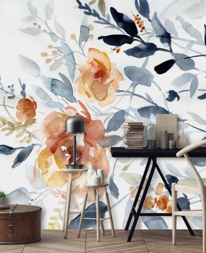 mural de papel pintado floral azul y salmón llamado Flowering Branches de Carol Robinson para dormitorios