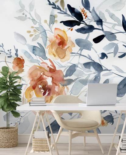 blå og laks blomstertapet vægmaleri kaldet Flowing Branches af Carol Robinson til soveværelser blå og laks blomstertapet vægmaleri kaldet Flowing Branches af Carol Robinson til soveværelser