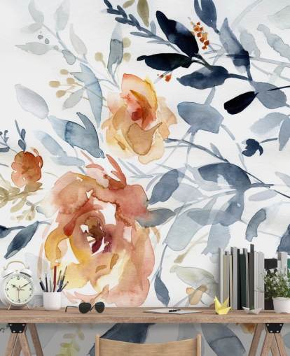 mural de papel pintado floral azul y salmón llamado Flowering Branches de Carol Robinson para dormitorios