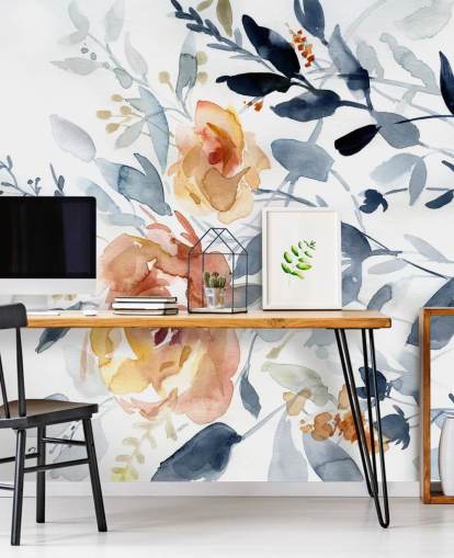 blue and salmon floral wallpaper mural called Flowering Branches by Carol Robinson for bedrooms