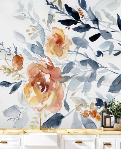 carta da parati murale floreale blu e salmone chiamata Flowering Branches di Carol Robinson per camere da letto carta da parati murale floreale blu e salmone chiamata Flowering Branches di Carol Robinson per camere da letto