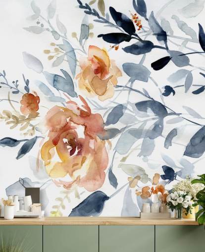 Blumentapete in Blau und Lachs namens Flowering Branches von Carol Robinson für Schlafzimmer Blumentapete in Blau und Lachs namens Flowering Branches von Carol Robinson für Schlafzimmer