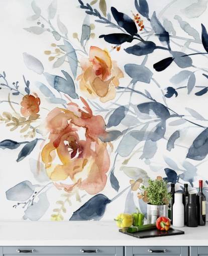 mural de papel pintado floral azul y salmón llamado Flowering Branches de Carol Robinson para dormitorios