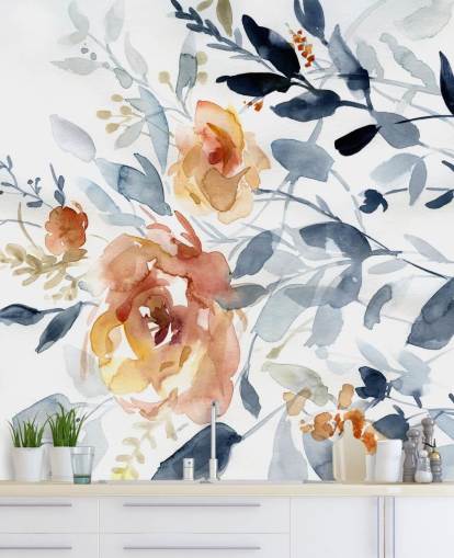 Blumentapete in Blau und Lachs namens Flowering Branches von Carol Robinson für Schlafzimmer