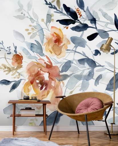 blauwe en zalmkleurige bloemenbehangmuurschildering genaamd Flowering Branches van Carol Robinson voor slaapkamers blauwe en zalmkleurige bloemenbehangmuurschildering genaamd Flowering Branches van Carol Robinson voor slaapkamers