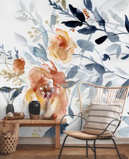 papier peint mural floral bleu et saumon appelé Flowering Branches de Carol Robinson pour chambres papier peint mural floral bleu et saumon appelé Flowering Branches de Carol Robinson pour chambres