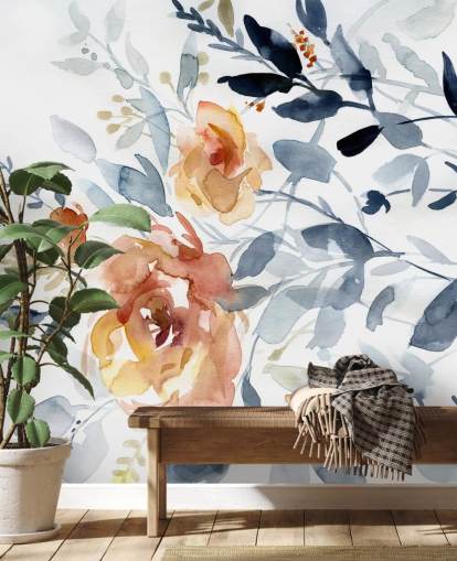 blauwe en zalmkleurige bloemenbehangmuurschildering genaamd Flowering Branches van Carol Robinson voor slaapkamers blauwe en zalmkleurige bloemenbehangmuurschildering genaamd Flowering Branches van Carol Robinson voor slaapkamers