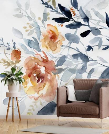 blue and salmon floral wallpaper mural called Flowering Branches by Carol Robinson for bedrooms