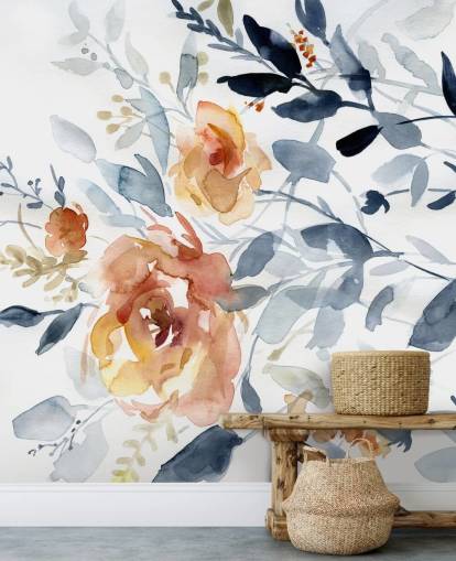 mural de papel de parede floral azul e salmão chamado Flowering Branches de Carol Robinson para quartos