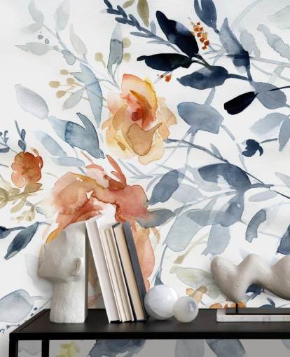 Blumentapete in Blau und Lachs namens Flowering Branches von Carol Robinson für Schlafzimmer