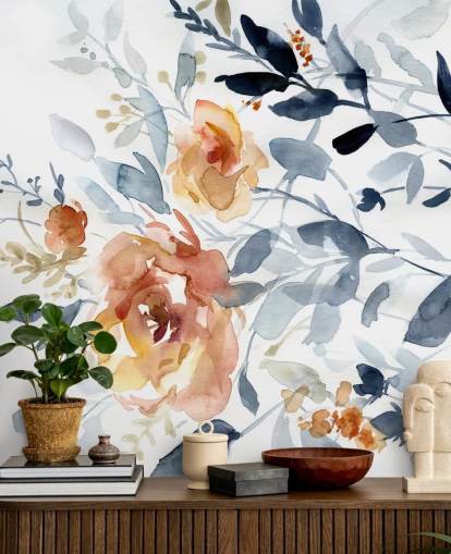 mural de papel pintado floral azul y salmón llamado Flowering Branches de Carol Robinson para dormitorios