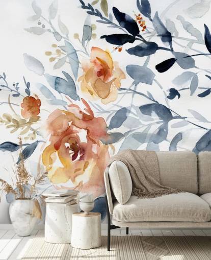 mural de papel pintado floral azul y salmón llamado Flowering Branches de Carol Robinson para dormitorios