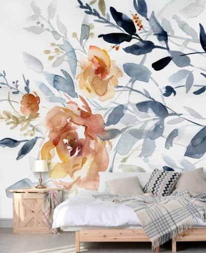 blauwe en zalmkleurige bloemenbehangmuurschildering genaamd Flowering Branches van Carol Robinson voor slaapkamers blauwe en zalmkleurige bloemenbehangmuurschildering genaamd Flowering Branches van Carol Robinson voor slaapkamers