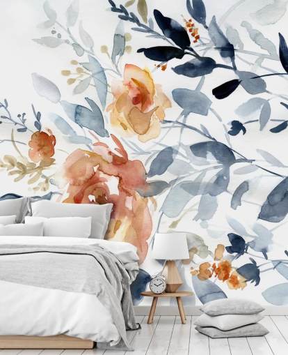 blue and salmon floral wallpaper mural called Flowering Branches by Carol Robinson for bedrooms