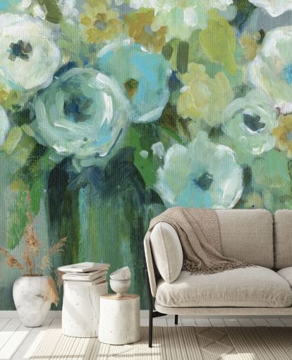 Groene bloemen in een vaas muurschildering