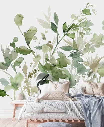 mural de papel pintado de jardín personalizable en verde y blanco llamado Garden Sage de Carol Robinson para dormitorios o salones