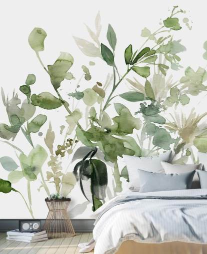 mural de papel de parede de jardim personalizável verde e branco chamado Garden Sage de Carol Robinson para quartos ou salões