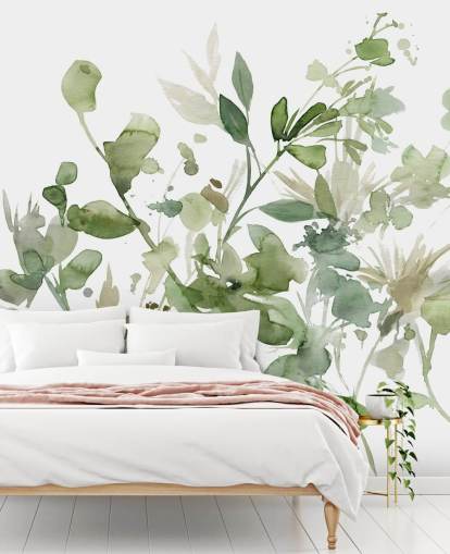 green and white customisable garden wallpaper mural called Garden Sage by Carol Robinson for bedrooms or lounges