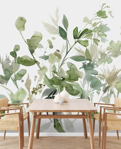 mural de papel pintado de jardín personalizable en verde y blanco llamado Garden Sage de Carol Robinson para dormitorios o salones